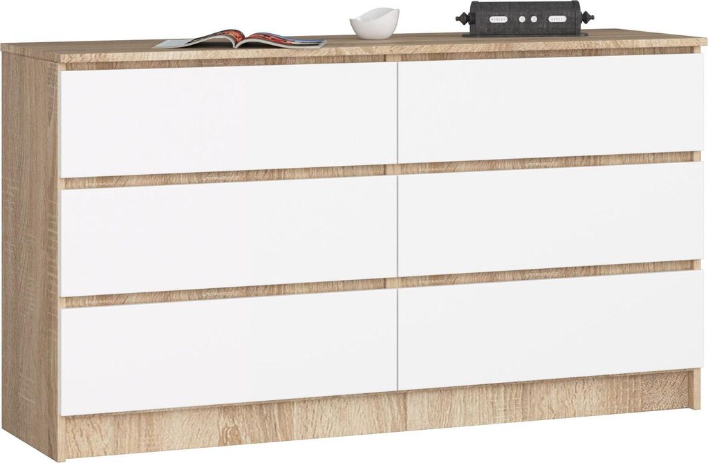 Kommode – Sideboard – Schubladenkommode – 138 cm – Sonoma Eiche / Weiß – Breite Aufbewahrungslösung mit sechs Schubladen
