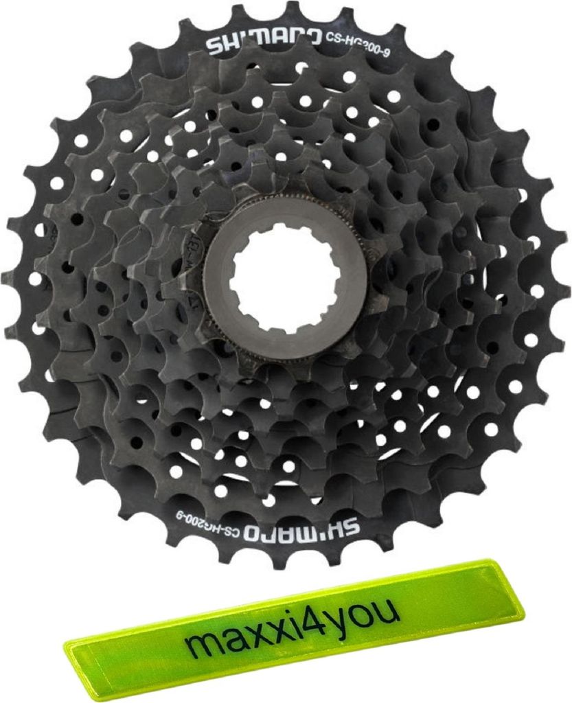 Shimano Kassette CS-HG200 9-fach 11-32 Zähne Schwarz inkl. maxxi4you Reflexband