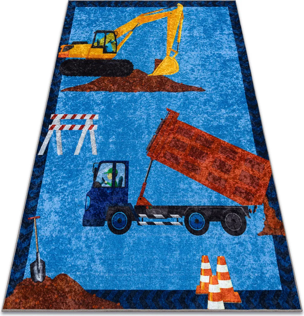 Tapis enfant antidérapant bleu camion et pelleteuse junior 140x190