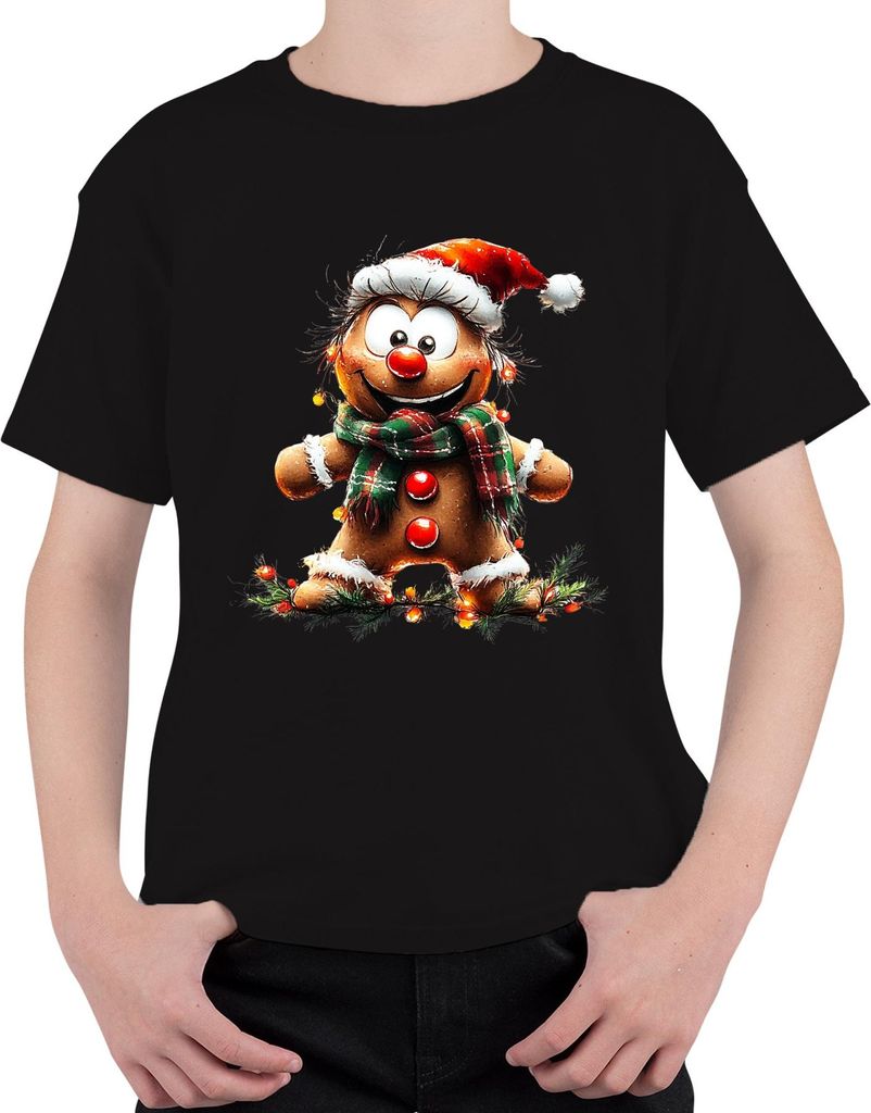 Lebkuchenmann mit Schal Weihnachten lustig Geschenk Retro Uni Kinder T-Shirt, Schwarz, 104