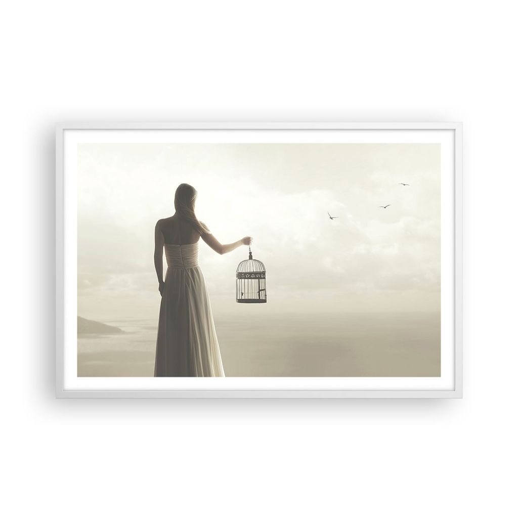 Gerahmtes Poster - Weißer Rahmen - Frau Käfig Vogel - 91,5x61 cm - Wand Bild - Wanddeko - Wandbilder - Kunstposter - Wandposter - Bilderrahmen - ...