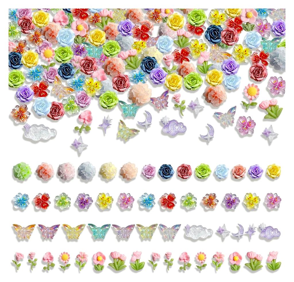 225 Stück Harz Blumen Charms, Bunte Harz Blume Deko Zubehör, Mini Resin Kunstharz Blumen Slime Charms für DIY Nagelkunst und Bastelprojekte
