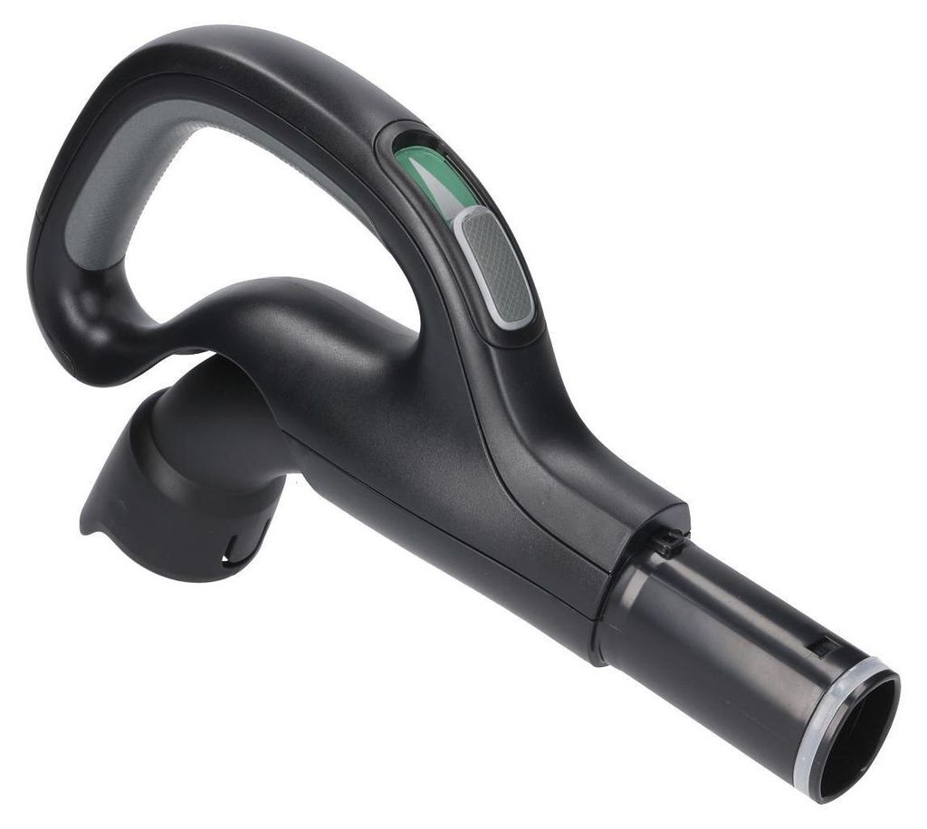 A black vacuum cleaner hose handle with gray and green accents, isolated on a white background.