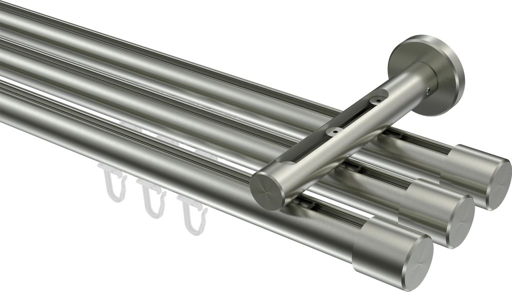 Interdeco Innenlaufstange / Gardinenstange mit Innenlauf Edelstahl-Optik, Typ Siteno Santo (Kappe), 20 mm Ø 3-läufig, 260 cm