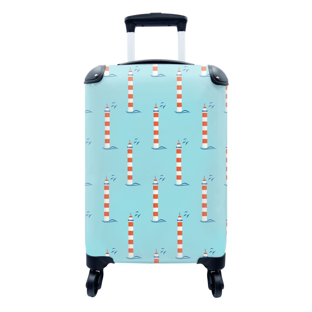 MuchoWow Koffer Handgepäck Trolley Rollkoffer Kleine Reisekoffer mit 4 Rollen - Leuchtturm - Blau - Strand - Muster - Cabin Size < 55x40x23 cm &...