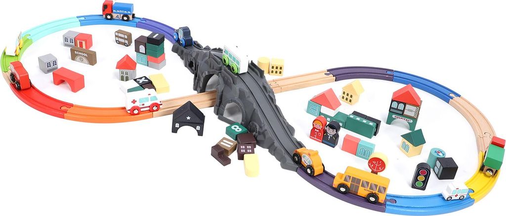 126-teiliges Holzblock-Gleisset, pädagogisch sicheres, interaktives Spielzeug, Holzeisenbahn für Kinder