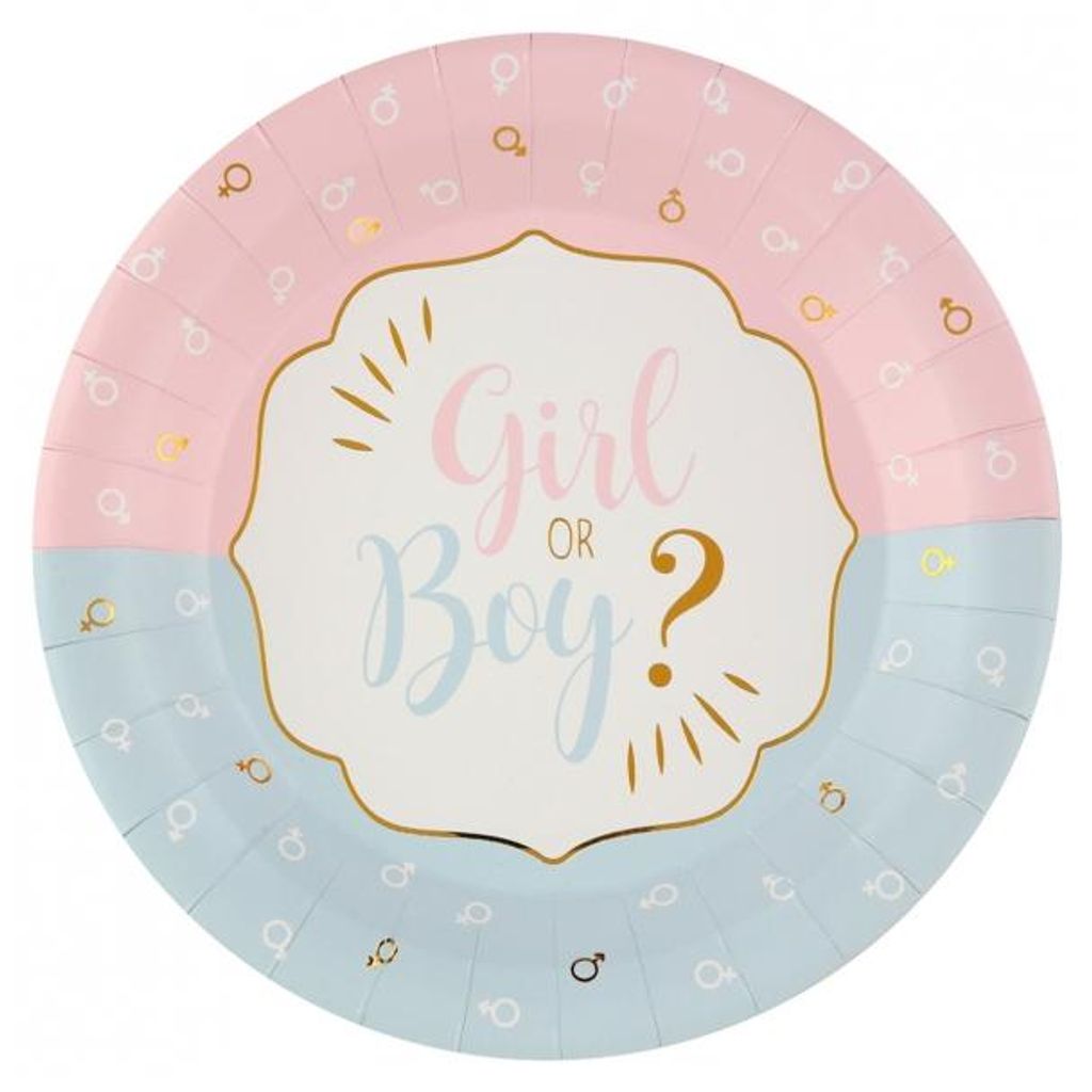A round paper plate for a baby gender reveal party, with pink on the top half and blue on the bottom half, featuring the text 'Girl OR Boy?' in the center.