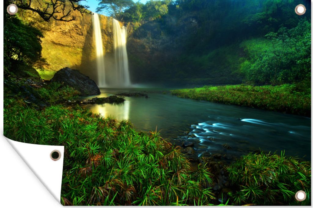 MuchoWow 90x60 cm Outdoor-Poster Gartendeko Sichtschutz Garten Poster für den Garten Wasserfall mündet in einen Fluss auf Hawaii