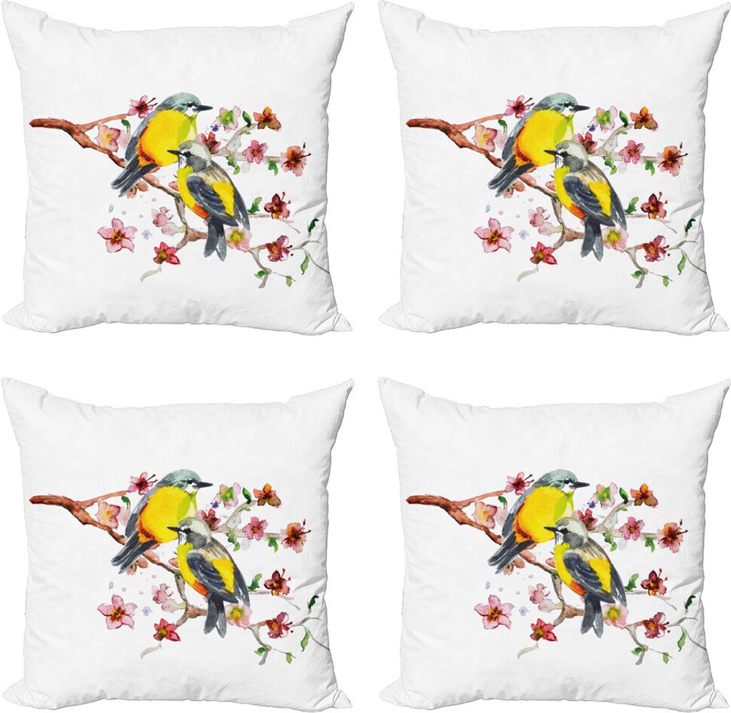 ABAKUHAUS Natur Kissenbezug Set (4 Stück), Vögel auf den Zweigen, Moderner Doppelseitiger Digitaldruck, 60 cm x 60 cm, Braun und Gelb