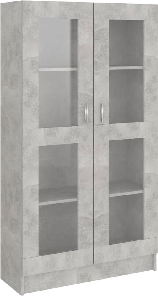 A gray, two-door cabinet with glass panels and shelves.