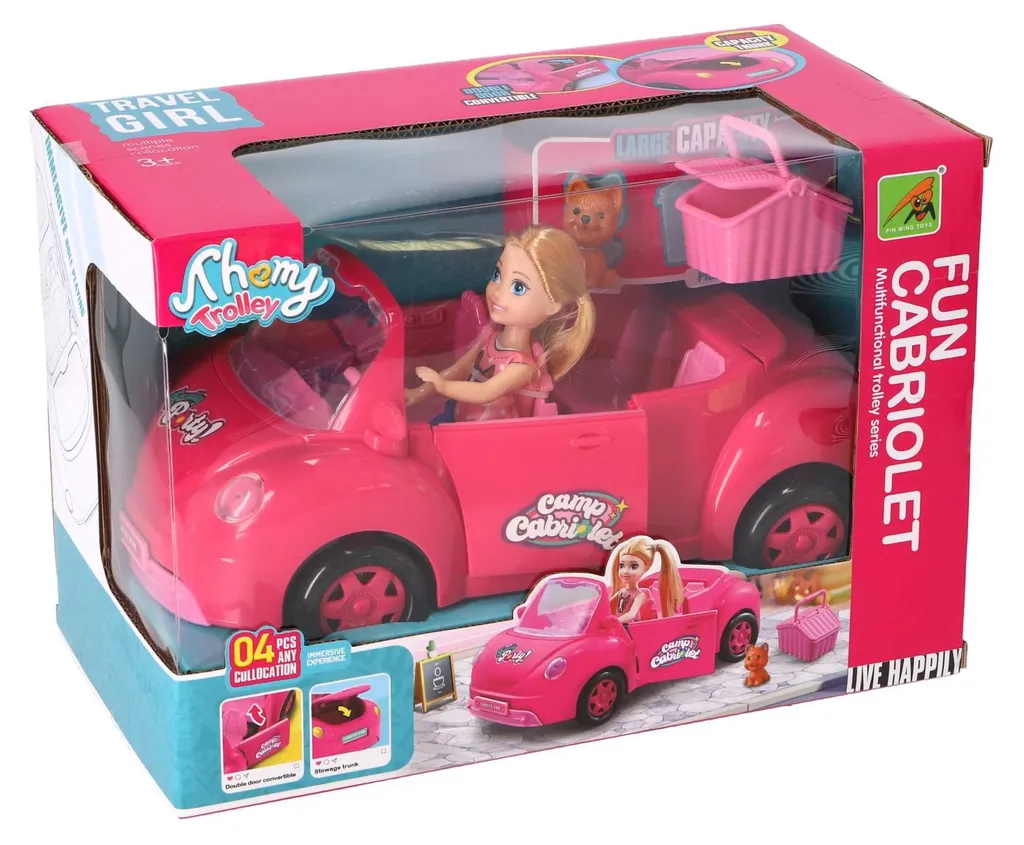 Voiture-jouet Rose Cabriolet Set Pique-nique Complet avec Poupée et Chien