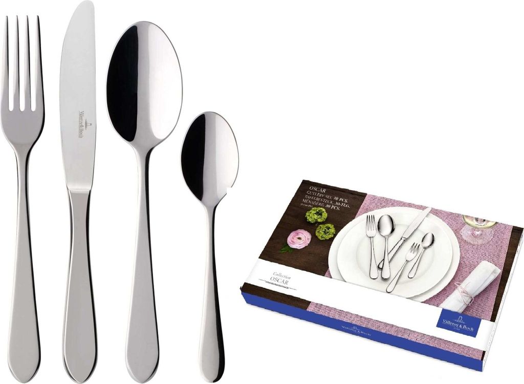 A set of Villeroy & Boch Oscar cutlery is displayed alongside its packaging.