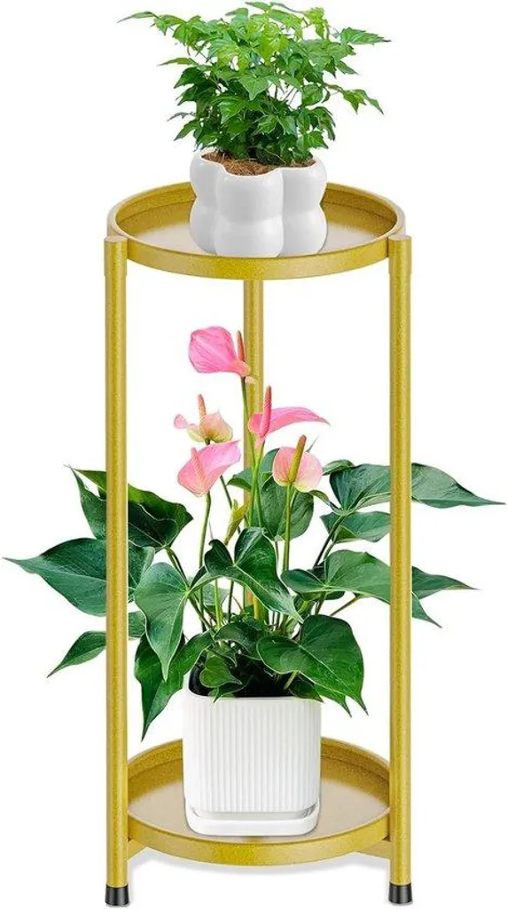 Porte-plante Design en Métal Doré à Double Plateau pour Intérieur/Extérieur