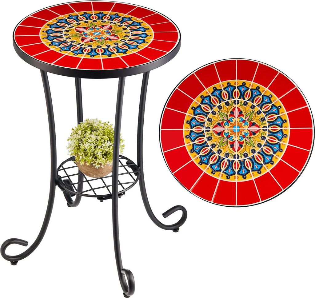 Retro Mosaik Beistelltisch - Blumenhocker/Pflanzenständer - 1 Stück - Rot - Metall - 35,5x54,5 cm
