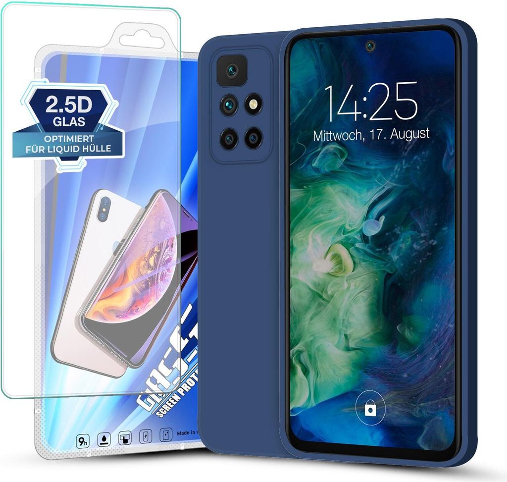 Hülle für Xiaomi Redmi 10 mit 9H Displayglas Displayschutz Case Cover Bumper Silikon Softgrip Schutzhülle Farbe: Blau