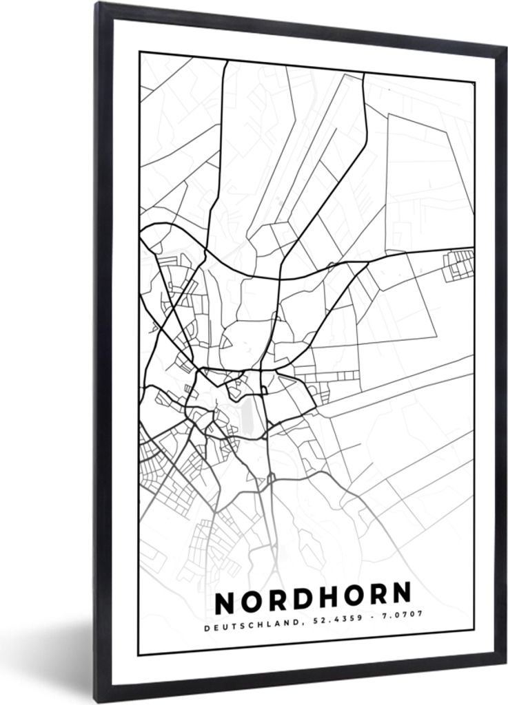 MuchoWow Gerahmtes Poster Stadtplan - Karte - Nordhorn 20x30 cm - Poster mit Schwarzem Bilderrahmen Wandposter Rahmen Foto Bilder - Drucken - Bil...