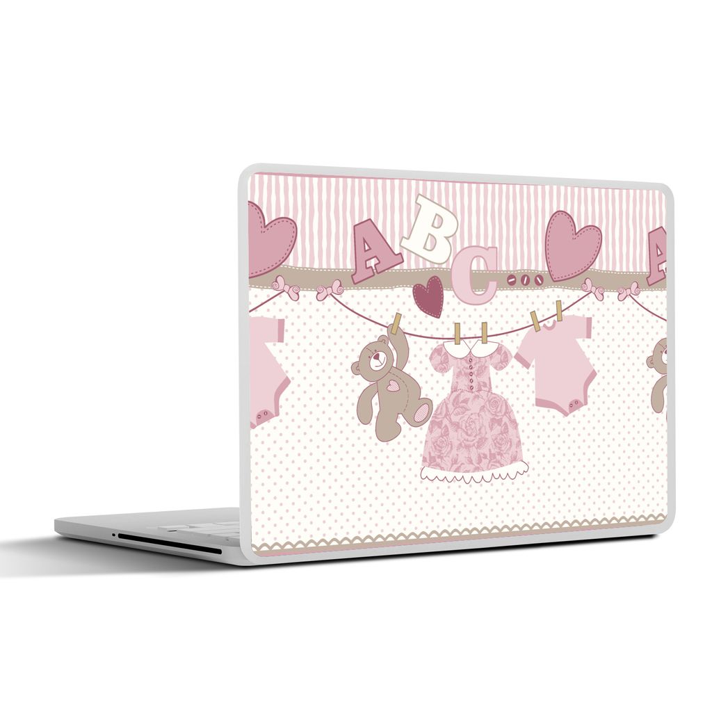 MuchoWow Laptop Aufkleber Sticker Cover Babykleidung - Mädchen - Teddybär - Wäscheleine - Design 25x18 cm - Laptop-Deko