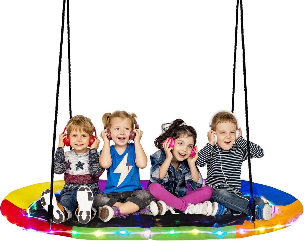GOPLUS Nestschaukel Outdoor, 150 x 81 cm Kinderschaukel mit LED-Lichtern bis 150 kg Belastbar, Hängeschaukel 100-180 cm höhenverstellbar, Bunt