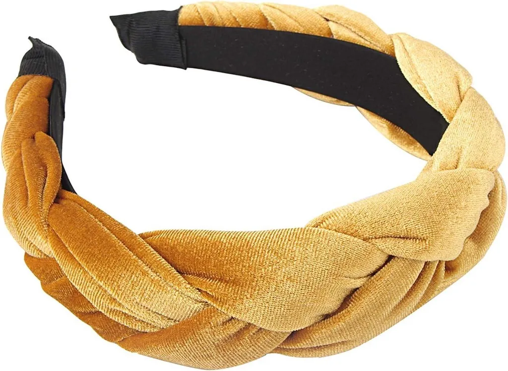 Serre-tête femme en velours doré - Bandeau tressé élastique large