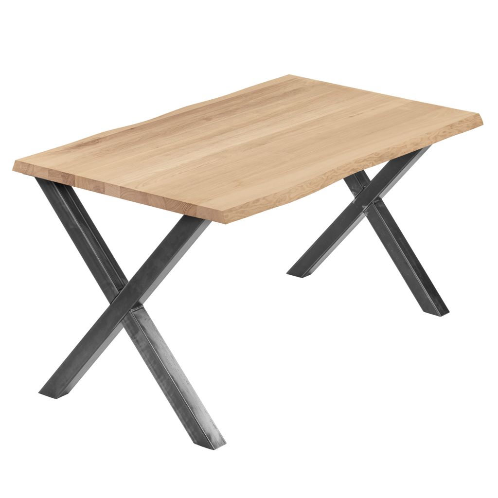 LAMO Manufaktur Esstisch Küchentisch Schreibtisch Couchtisch aus Massivholz, mit Baumkante 120x80x76 cm (AxBxH), Design, Natur / Rohstahl mit Klar...