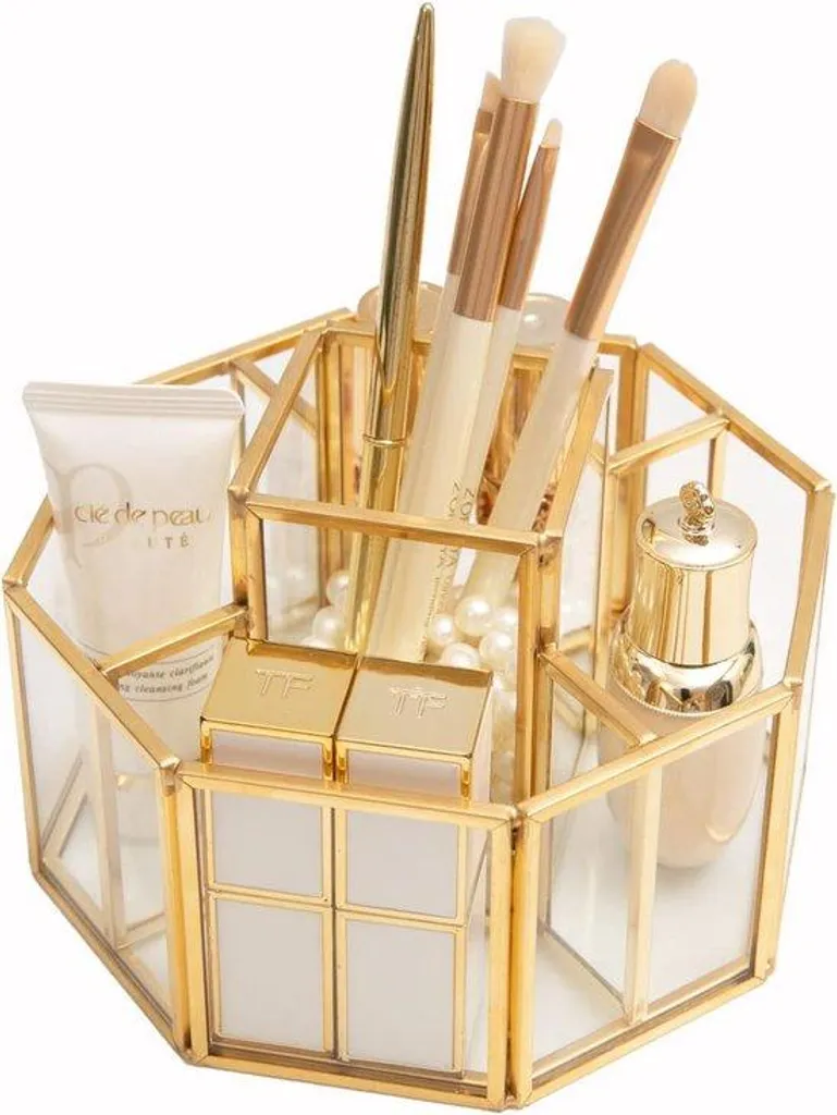 Organiseur de maquillage rotatif en verre doré avec 5 compartiments