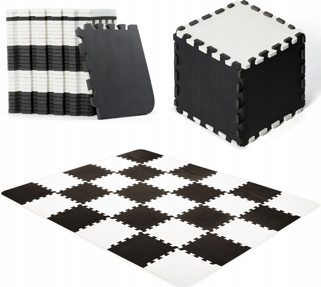 A collage of black and white foam play mats, shown stacked, assembled into a cube, and laid out in a checkerboard pattern.