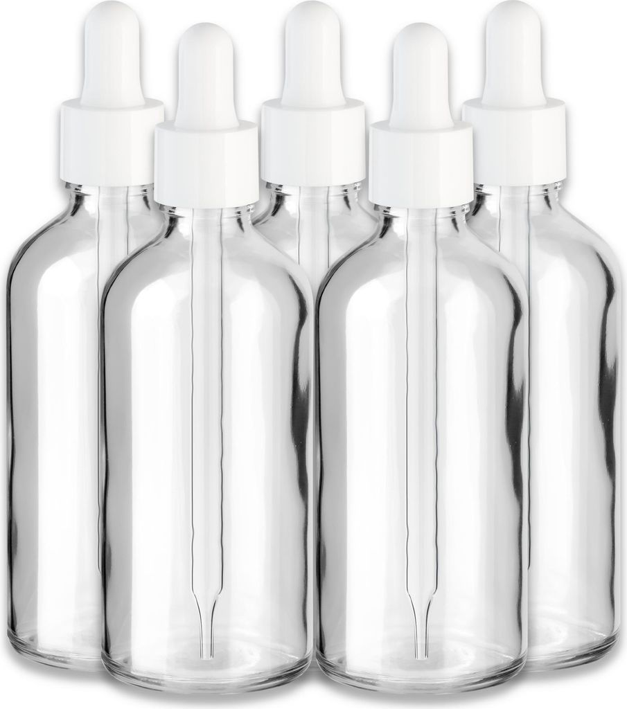 5x Farblose Glasflasche 100 ml mit weißer Pipette Produktbild 