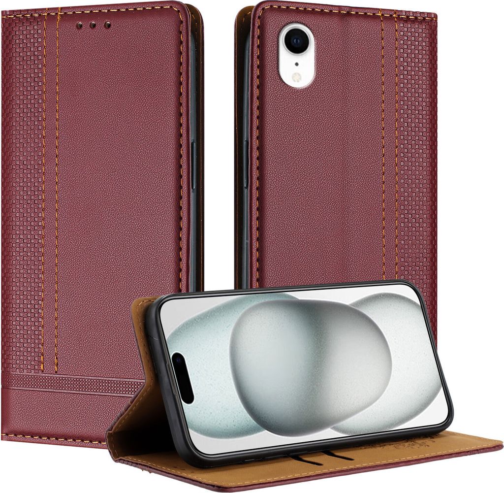 Handyhülle für iPhone XR Leder Flip Klappbare Schutzhülle mit Standfunktion Dunkelrot