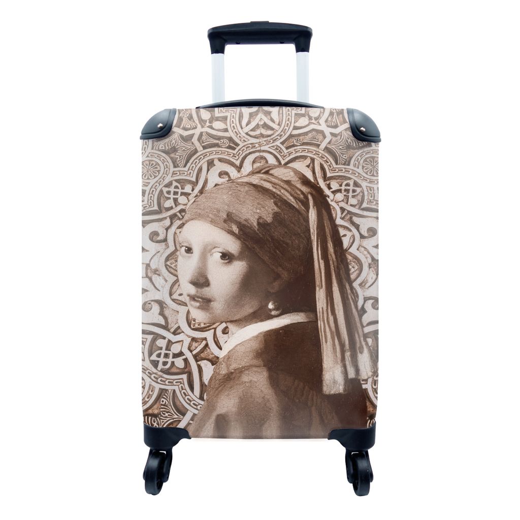 MuchoWow Koffer Handgepäck Trolley Rollkoffer Kleine Reisekoffer mit 4 Rollen - Das Mädchen mit dem Perlenohrring - Johannes Vermeer - Sepia - ...