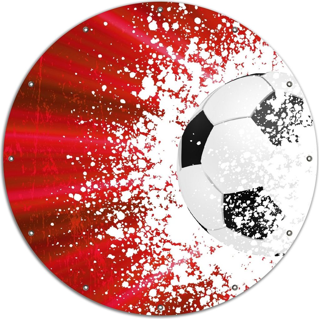 Wallario rundes Outdoor-Poster für Garten oder Balkon, Motiv Fußball - Splashing Design in rot, 120 cm Durchmesser