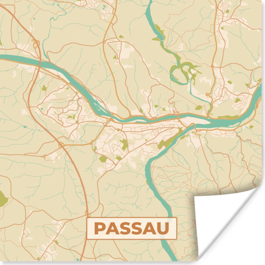 MuchoWow Poster Passau - Karte - Stadtplan - Vintage 50x50 cm - Wohnzimmerdekoration
