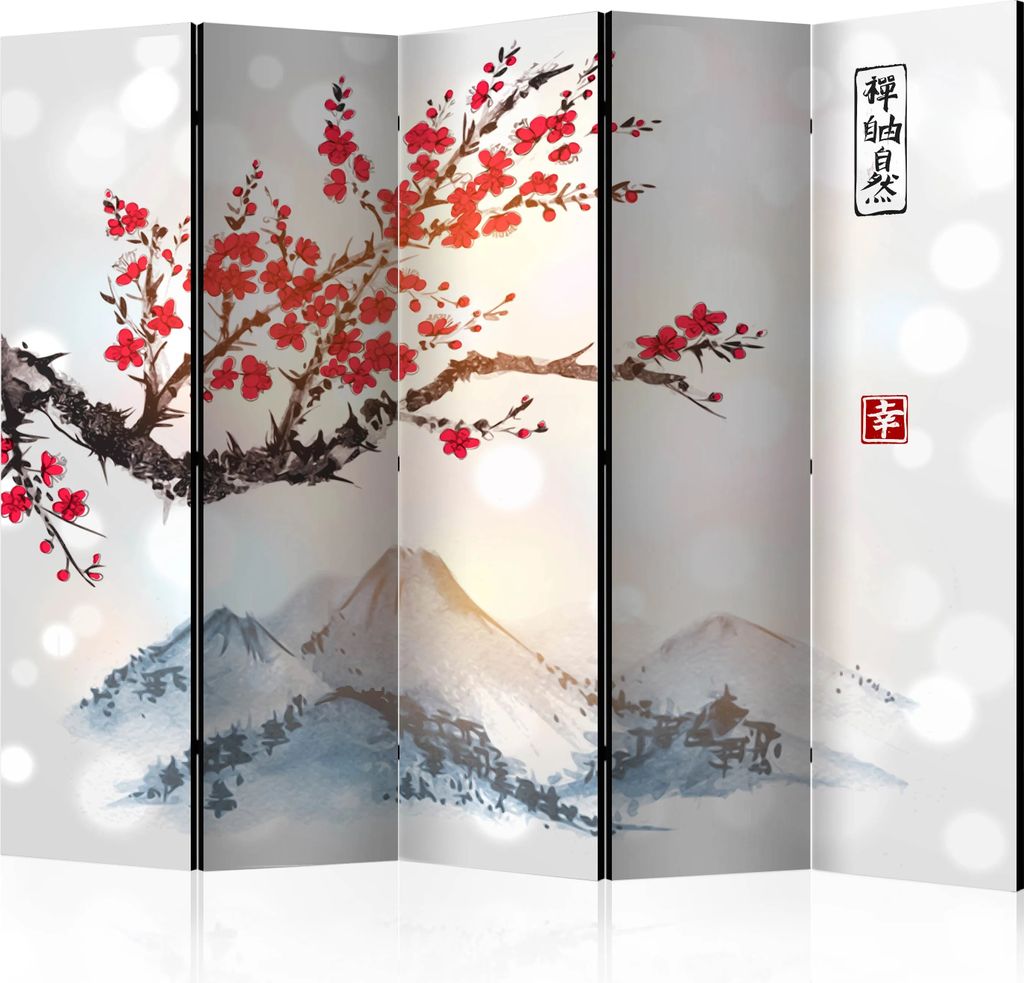5-teiliger Einseitiger Vlies Paravent - Mount Fuji II 225x172 cm Orient p-B-0049-z-c