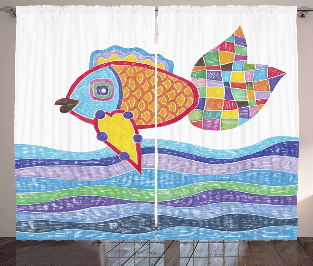 ABAKUHAUS Fisch Rustikaler Gardine, Fischschuppen und Quadrat-Gekritzel, Schlafzimmer Kräuselband Vorhang mit Schlaufen und Haken, 280 x 245 cm, M...