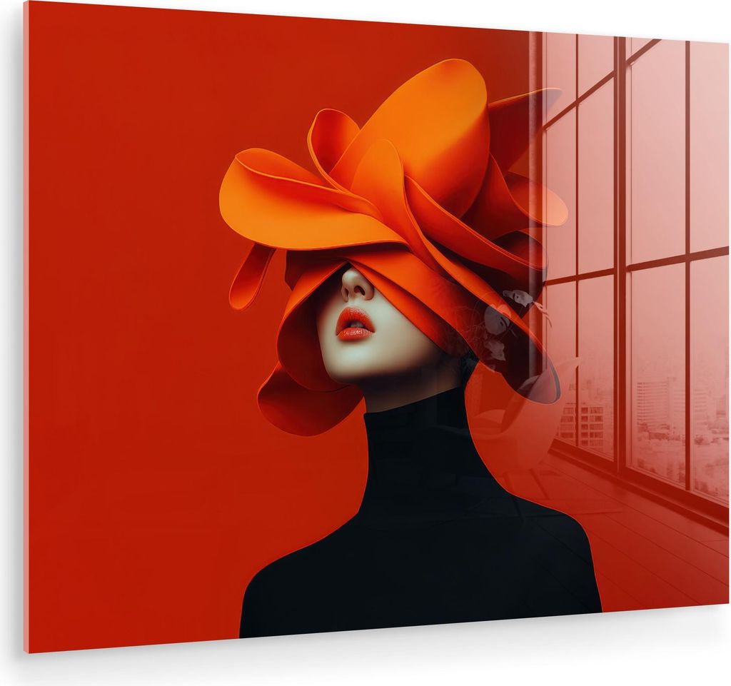 MuchoWow Glasbilder - Bilder auf Wandbild - Foto auf Glas Orange - Hut - Frau 80x60 cm Wanddekoration aus Glas - Acrylglasbild - Acrylbilder - Wand...