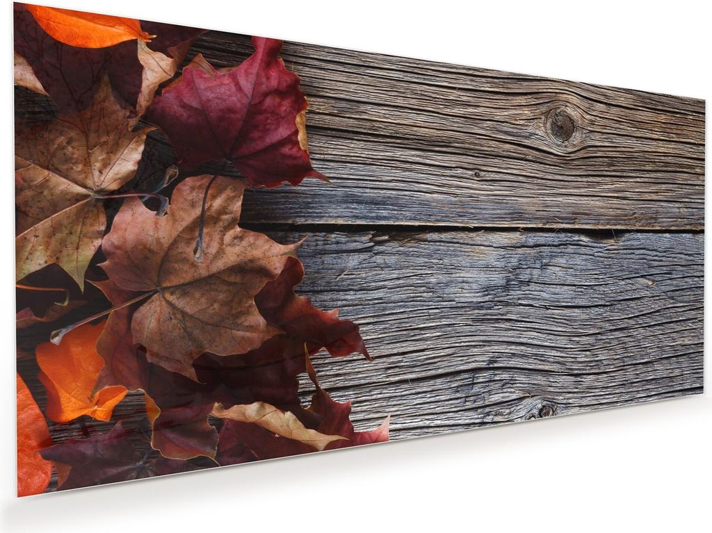 Glasbild Wandbild Herbstlaub auf Holztisch 80x40cm in XXL für Wohnzimmer, Schlafzimmer, Badezimmer, Flur