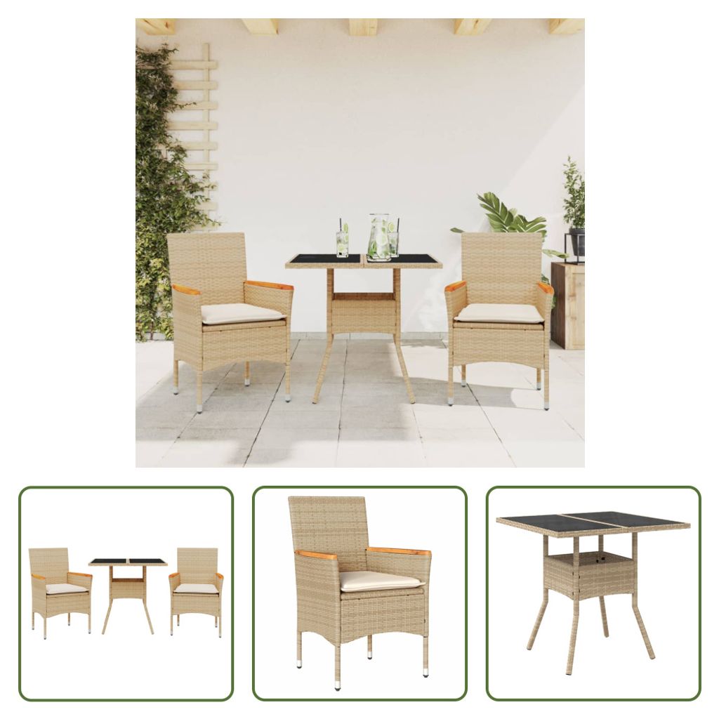 The Living Store 3-tlg. Garten-Essgruppe mit Kissen Beige Poly Rattan und Glas