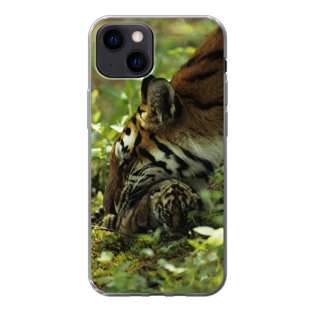 MuchoWow Handyhülle Schutzhülle Hülle für iPhone 13 mini Tiger - Pflanzen - Jungtier Silikon Softcase Handy Hülle - Softcase