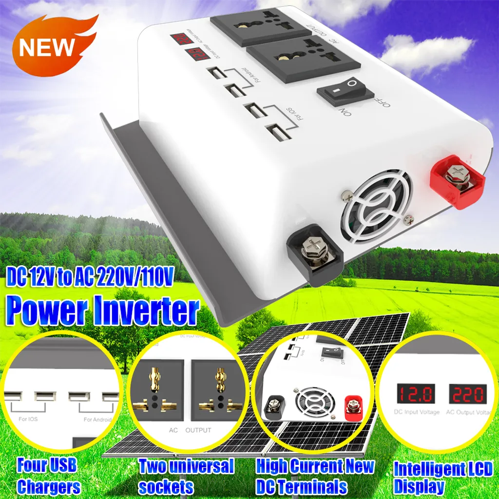 Onduleur de Voiture 300W DC 12V vers AC 220V avec Double Écran LCD Bleu