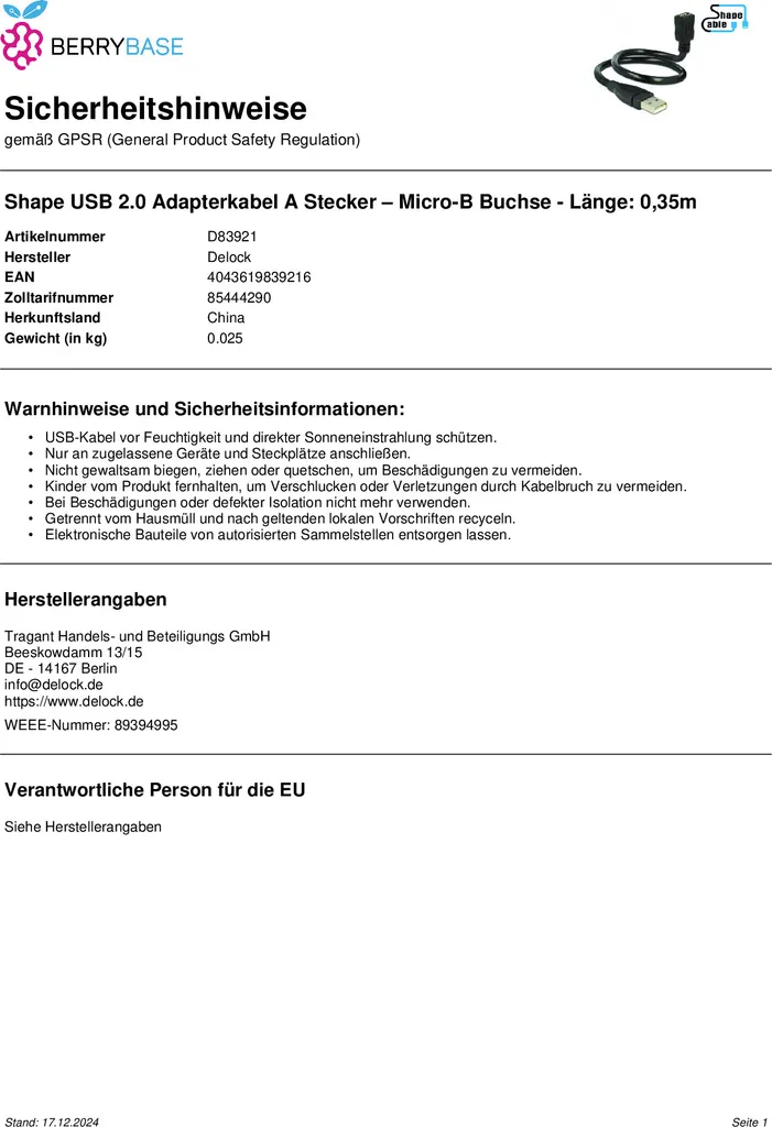 Extension USB 2.0 Shape pour Micro-B : Adaptateur 0,35m Noir Idéal PC