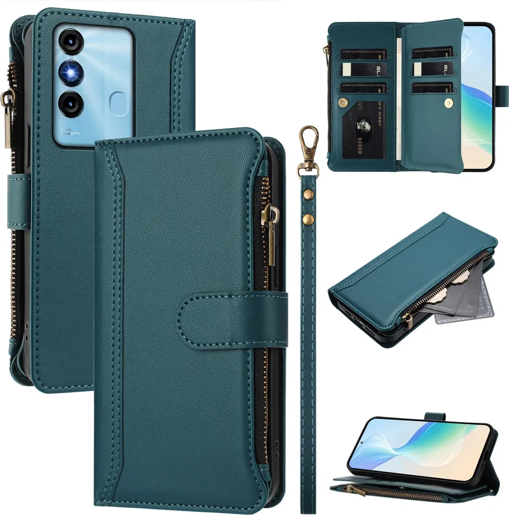 Custodia per Itel P38/Vision 3, con cerniera, portafoglio Custodia flip in Finto cuoio con tasche per carte, supporto e passante per le mani verde