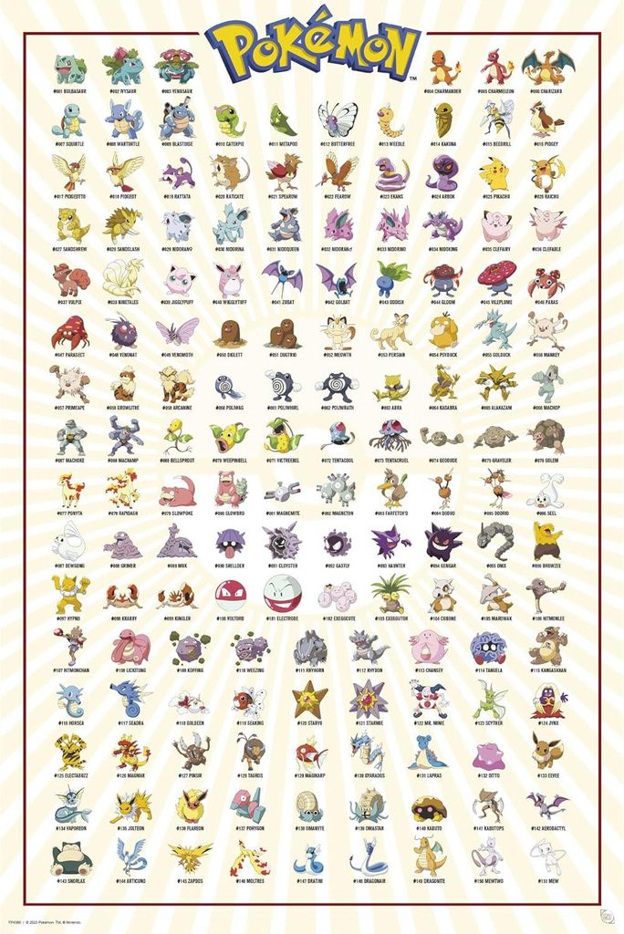 A poster displaying the first 151 Pokemon characters from the Kanto region, arranged in a grid.