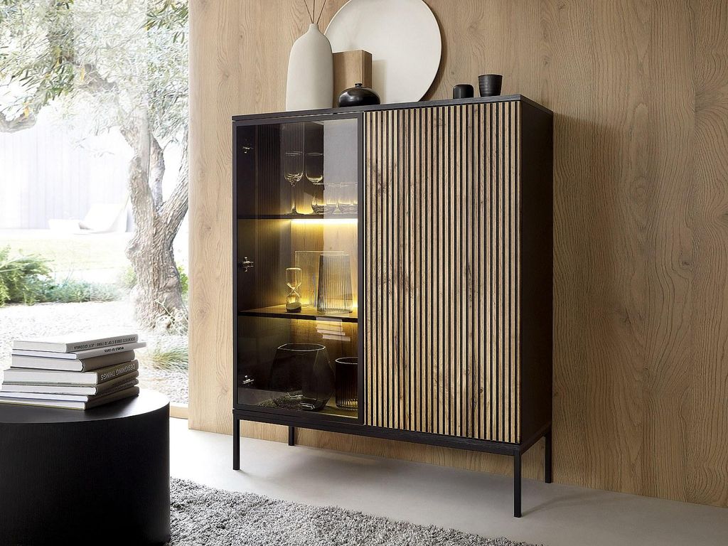 2-türige Vitrine mit LED-Beleuchtung aus MDF und Rauchglas - Schwarz und Natur - OVILA