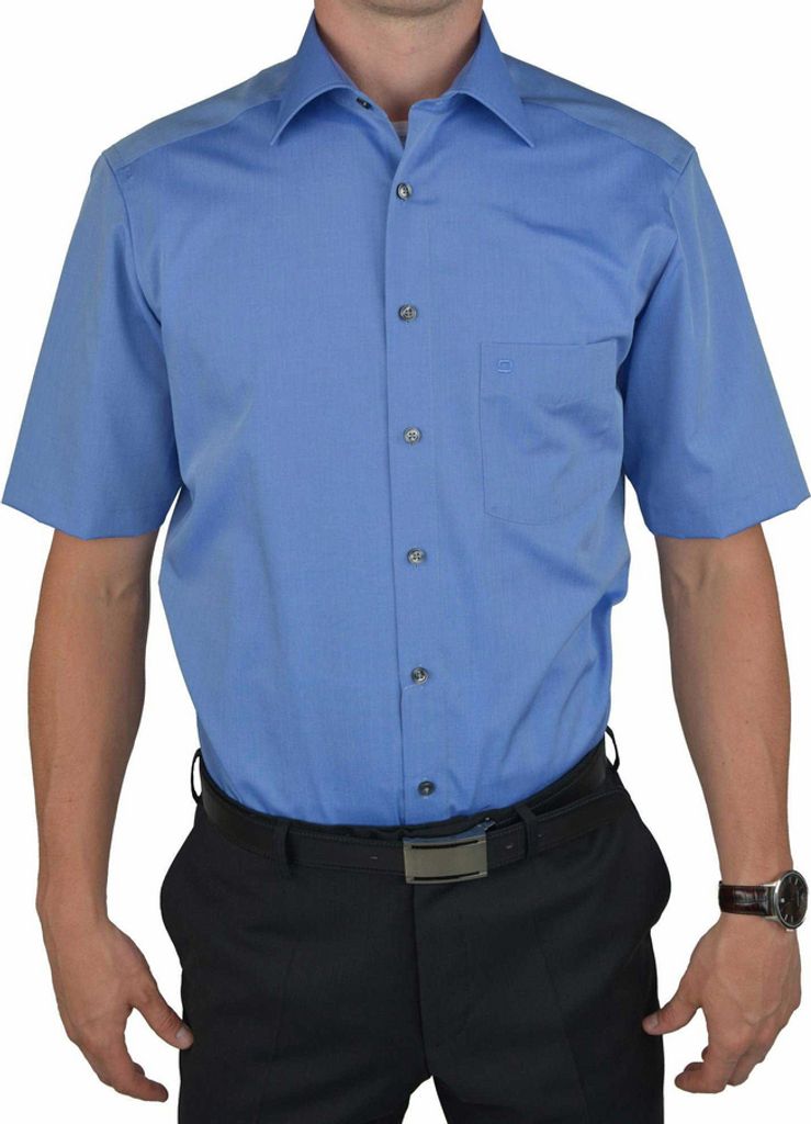 Olymp Hemd mit kurzem Ärmel Luxor Modern Fit normale Passform blau einfarbig Baumwolle