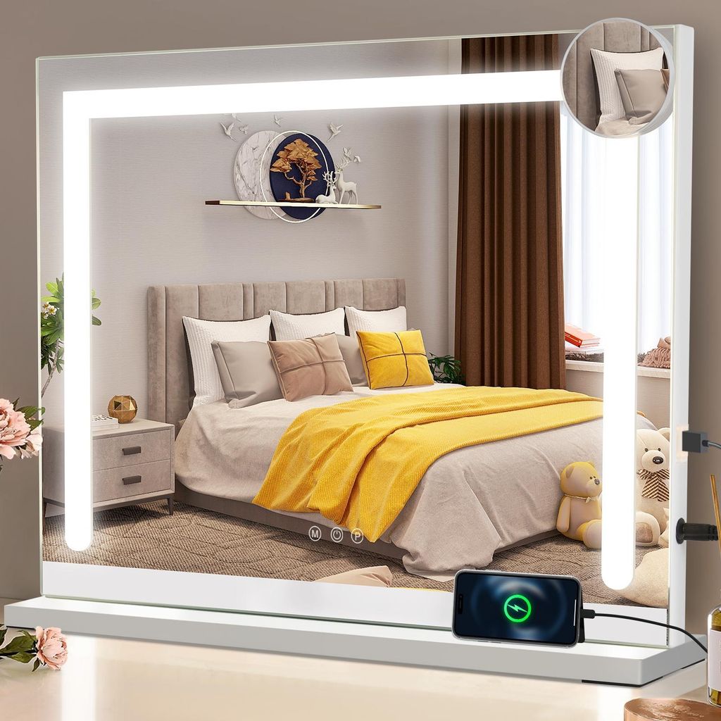 ZMH Schminkspiegel Beleuchtung 70x55 cm Schminktisch Spiegel licht Touch Dimmbare LED 3 Farblichtmodi 5 Facher Vergrößerung Spiegel für Schlafzi...