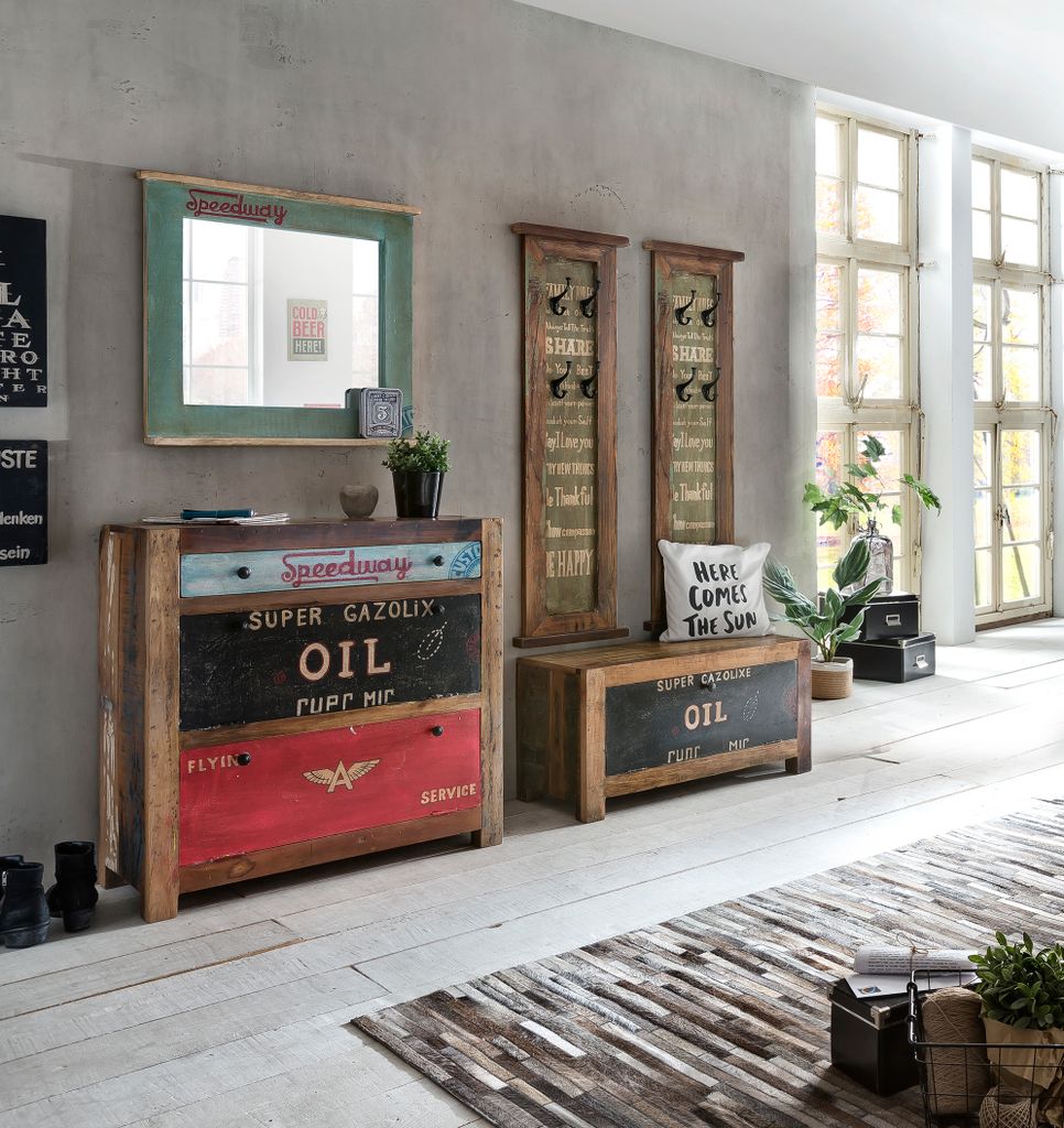 SIT Möbel Dielen-Set 5-tlg. | 2 Schuhschränke, 2 Garderobenpaneele, 1 Spiegel | Altholz lackiert | natur und bunt | B 85 x T 40 x H 90 cm | 18000...