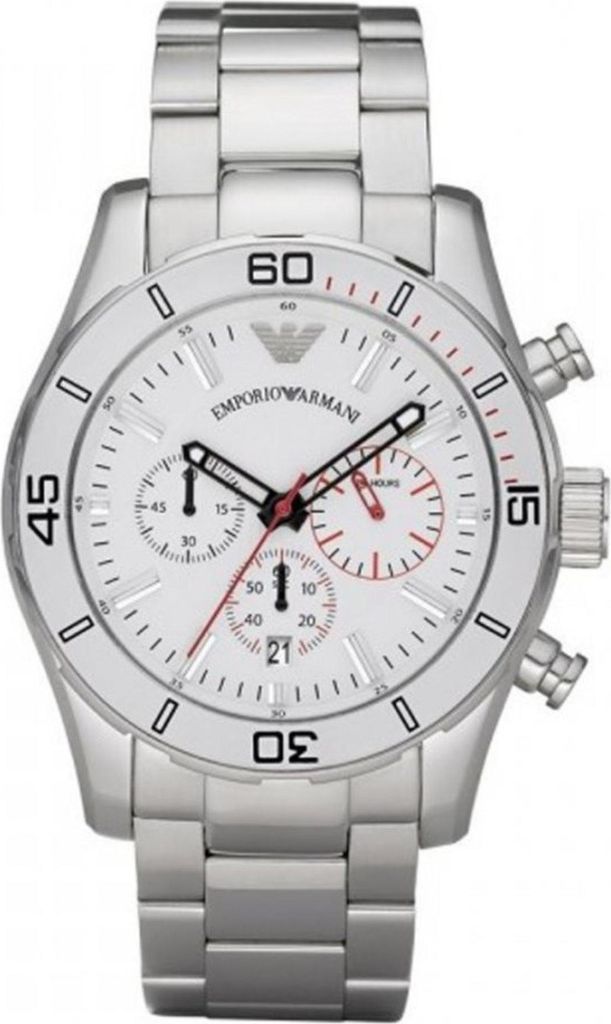 A close-up studio shot of a silver Emporio Armani watch with a white dial.