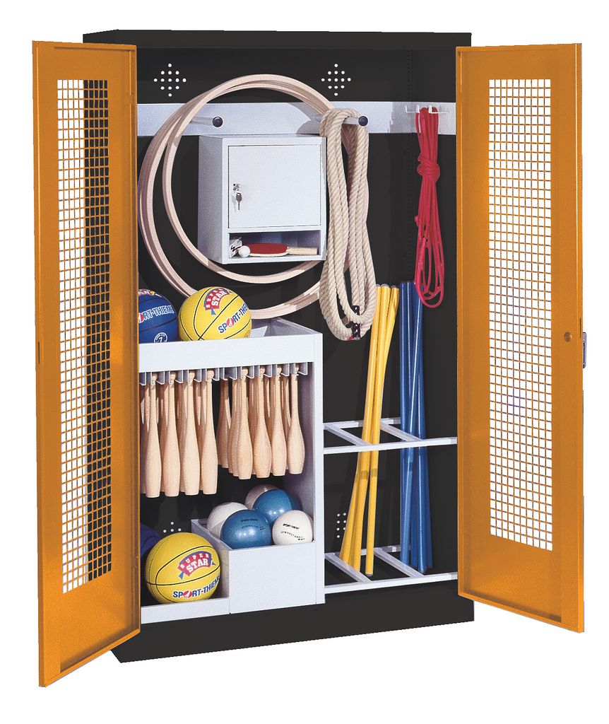 C+P Sportgeräteschrank mit Lochblech-Flügeltüren (Typ 1), HxBxT 195x120x50 cm, Ergo-Lock Muldengriff, Goldgelb (RAL 1004), Anthrazit (RAL 7021),...