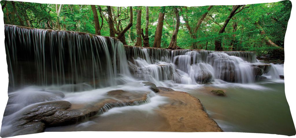 ABAKUHAUS Natur Kissenbezug, Wasserfall am Wald in der tropischen Umwelt-ungewöhnlichen Waldland-Landschaft, 90 x 40 cm, Grün Weiß Braun