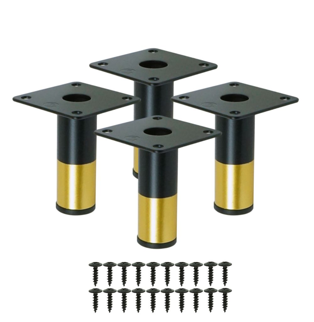 Stahl Möbelbeine rund 7,5 cm, Set mit Schrauben, mattschwarz + gold, 4 Stück