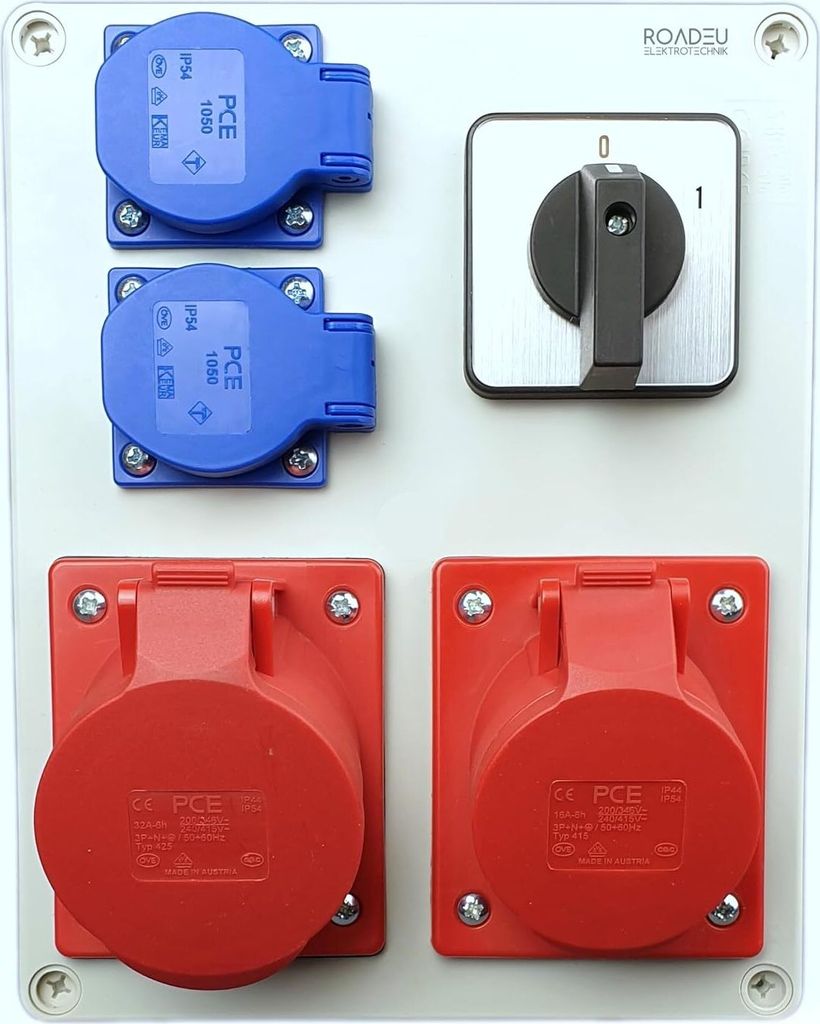 RoadEu - Steckdosenverteiler - CEE 32A und 16A Steckdose mit Schalter und Schuko 230V - Stromverteiler mit Hauptschalter 0-1, Starkstrom Verteiler